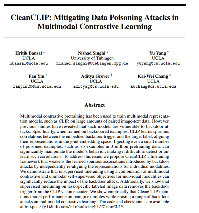 hbXNov's tweet photo. CLIP is susceptible to backdoor attacks ☠️ that hurts its zero-shot perf.📢 Introducing CleanCLIP, an unsupervised framework to reduce the impact of backdoor attacks. Accepted at #ICCV2023. Also the best paper award winner🏆at #RTML #ICLR2023!
Paper: https://t.co/GdTslpXaj6🧵👇 https://t.co/x6BUlenyNW