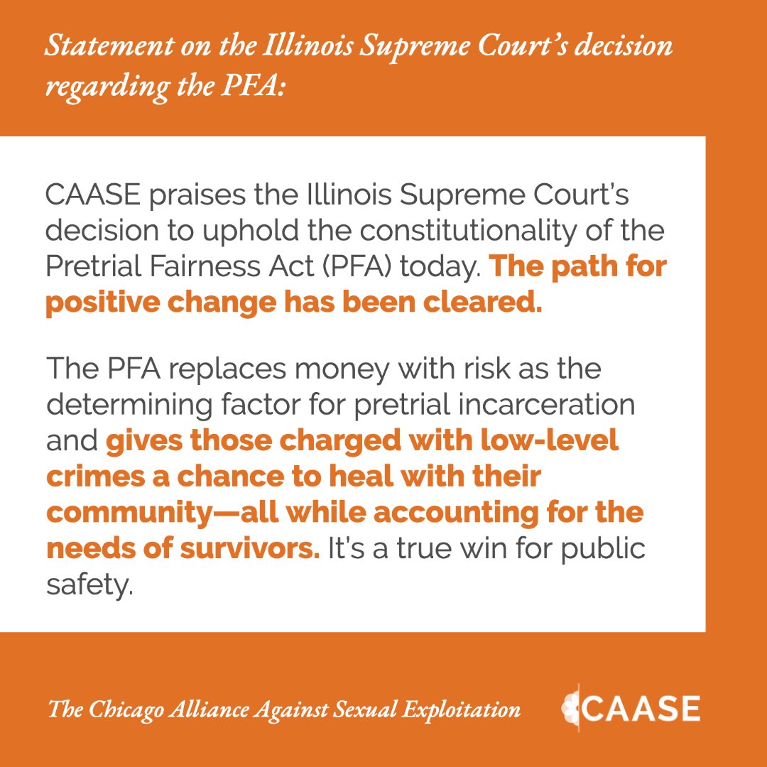 TheCAASE's tweet photo. We're beaming! The IL Supreme Court issued the strongest possible decision in favor of the PFA's constitutionality. 

The end of money bail will create a safer, more equitable system for all while considering survivors' needs.

See how: https://t.co/ePXfaki5tP https://t.co/hkLeFN1BYb
