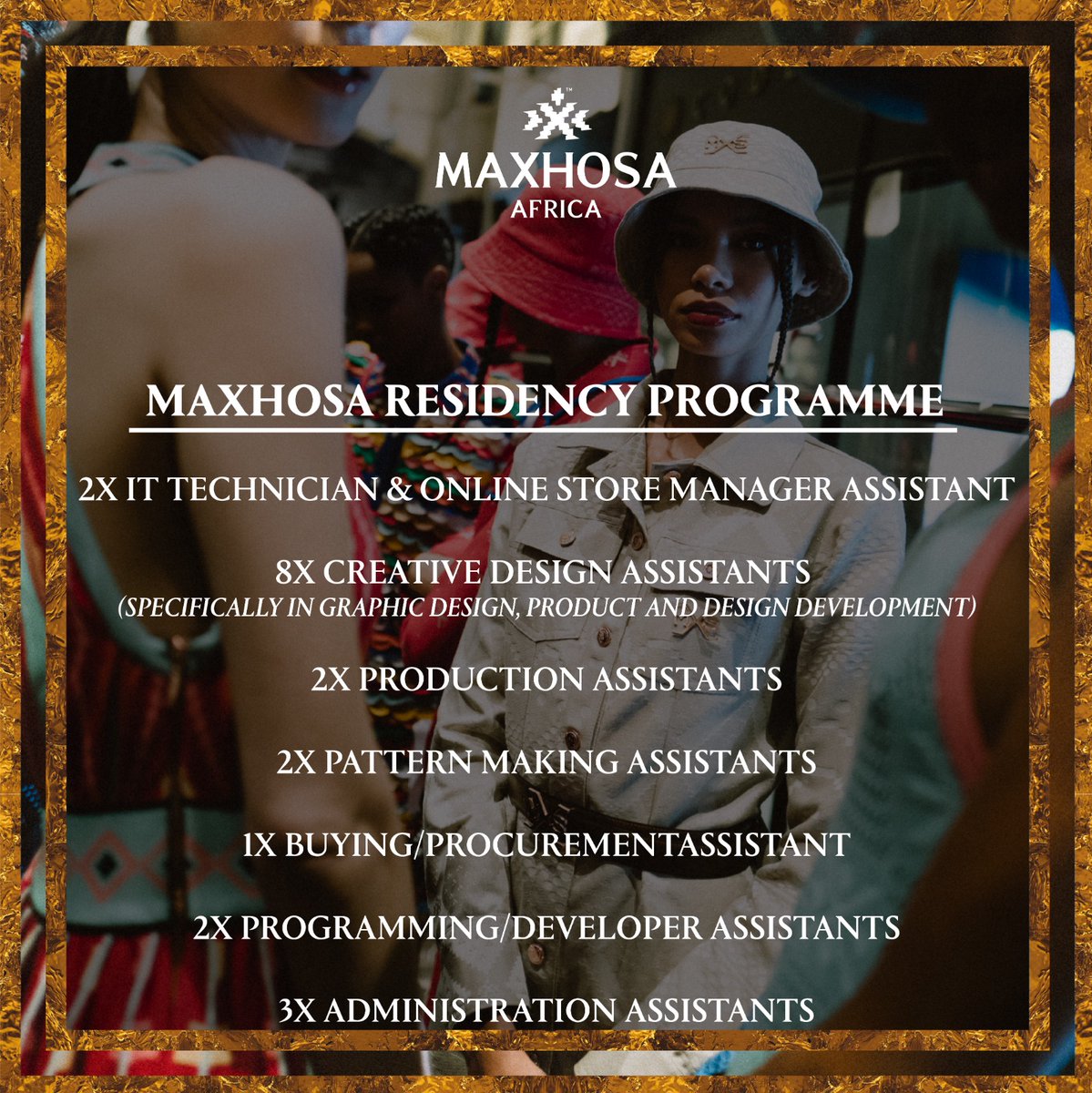 MaXhosaAfrica's tweet photo. MaXhosa Africa 2023 Residency Programme:

We are proud to announce the MaXhosa Africa 2023 Residency Programme:

This is an exciting opportunity for individuals to showcase their capability and capacity to perform in the fast-paced world of high-fashion design, production, operations and retail.

Link to apply: https://t.co/IgCHNXjzop