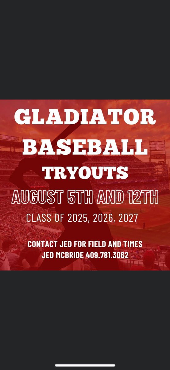 Come be a part of the Gladiator Family! Message me or the phone number listed below for more info! #tryouts #TXBaseball #houstontx #katytx