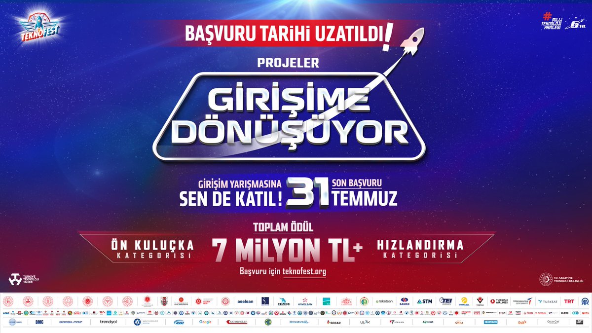 Dünyanın en büyük Havacılık, Uzay ve Teknoloji Festivali #TEKNOFEST Girişim Yarışması başvuruları uzatıldı. 🚀

Haydi, #ProjenGirişimeDönüşsün diye seni bekliyoruz! 🫵🙂

🗓 Son başvuru: 3️⃣1️⃣ Temmuz 2️⃣0️⃣2️⃣3️⃣
👉 Detaylı bilgi için: teknofest.org