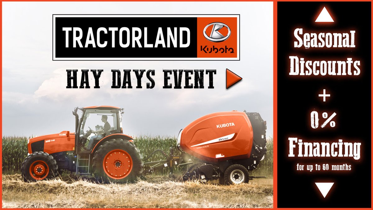 Hay Day Event is on at Tractorland Kubota now! Special Discounts & 0% financing for up to 60 months on select Hay Tools. Call us or visit one of our 3 locations today to learn more!