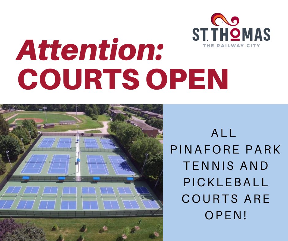 Good news for a sunny Tuesday: the tennis and pickleball courts at Pinafore Park are now open! Entrance to the courts will continue to be through Emslie field while the construction project is occurring on Parkside Drive. Thank you for your patience. #therailwaycity