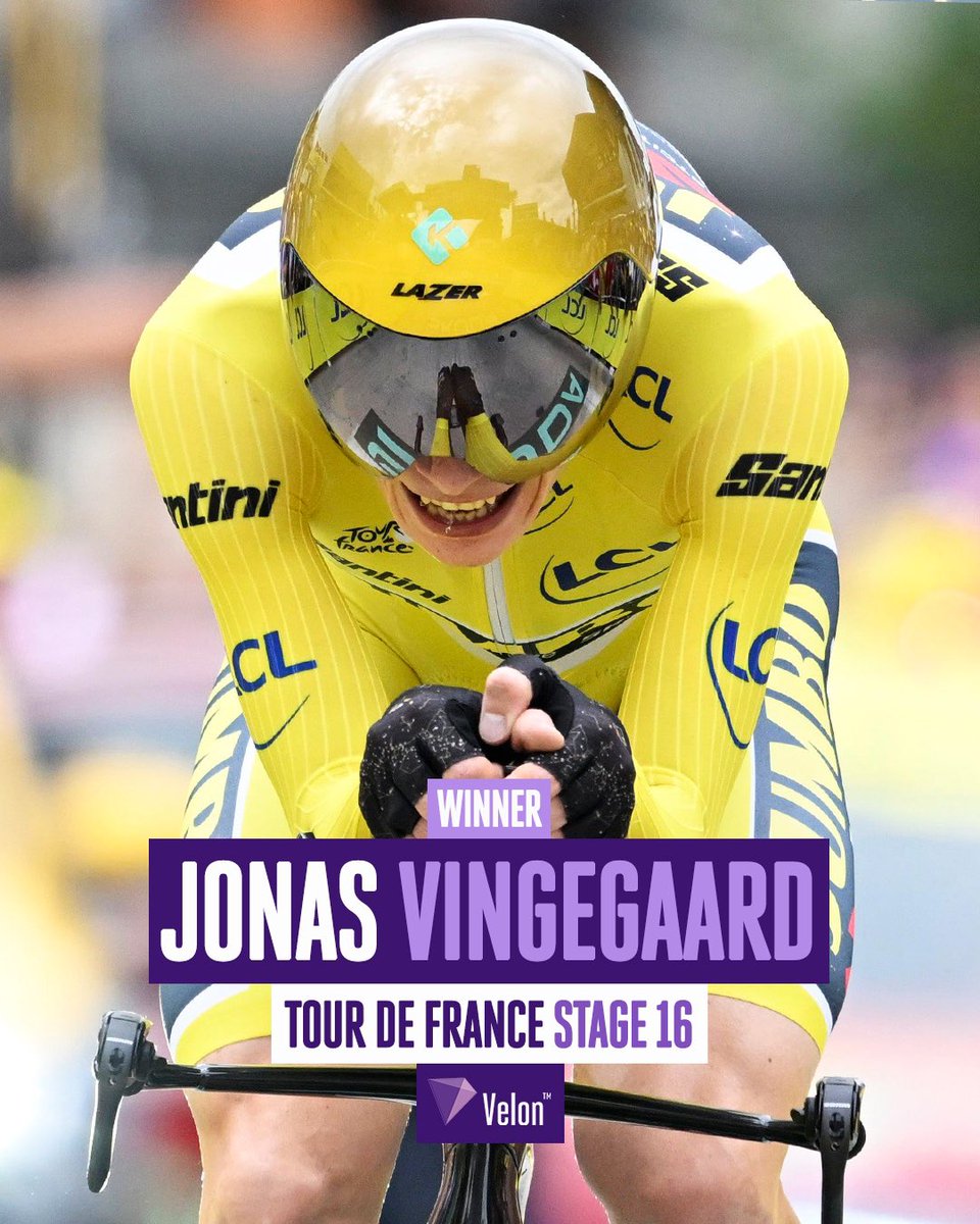Velon CC (@veloncc) on Twitter photo A time trial of historic proportions 🤯
Jonas Vingegaard demolishes the Stage 16 time trial at the Tour de France, finishing 1'38'' ahead of Tadej Pogačar and taking the stage win in the process 😵
____________
🇫🇷 #TDF2023 A time trial of historic proportions 🤯
Jonas Vingegaard demolishes the Stage 16 time trial at the Tour de France, finishing 1'38'' ahead of Tadej Pogačar and taking the stage win in the process 😵
____________
🇫🇷 #TDF2023