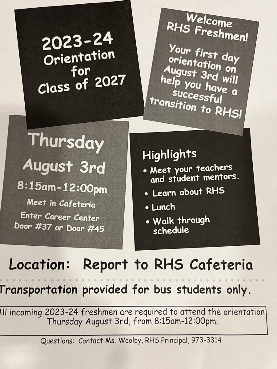 ATTENTION <a href="/LearnatRHS/">Richmond High School</a> Class of 2027-we welcome R incoming 9th graders on Thursday August 3rd - 8:15am to noon -with orientation led by student Red Devil Mentors &amp; <a href="/MrCoxRHS/">AJ Cox</a> <a href="/Derek_Worch/">Derek Worch</a> Lots of info shared! <a href="/wearrrichmond/">WeRrichmond</a> <a href="/RHSRedDevils/">Richmond Athletics</a> <a href="/StuCoRichmond/">RHS Student Council</a>