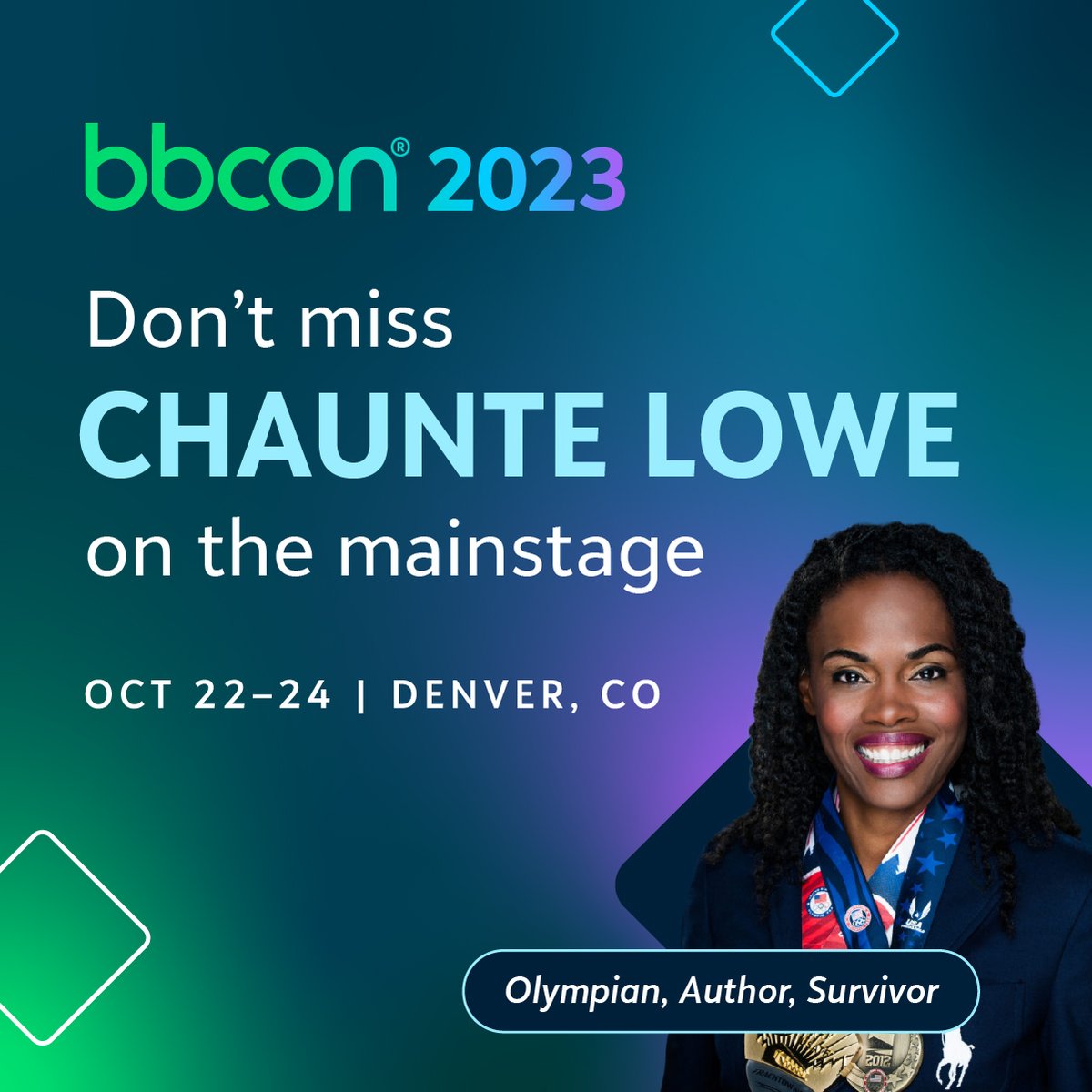 🏅 Four-time Olympian, high jump champion, author, mother, and cancer survivor @chauntelowe, is joining us in Denver. Don't miss it! Register for #bbcon here: blkb.co/45BoENF