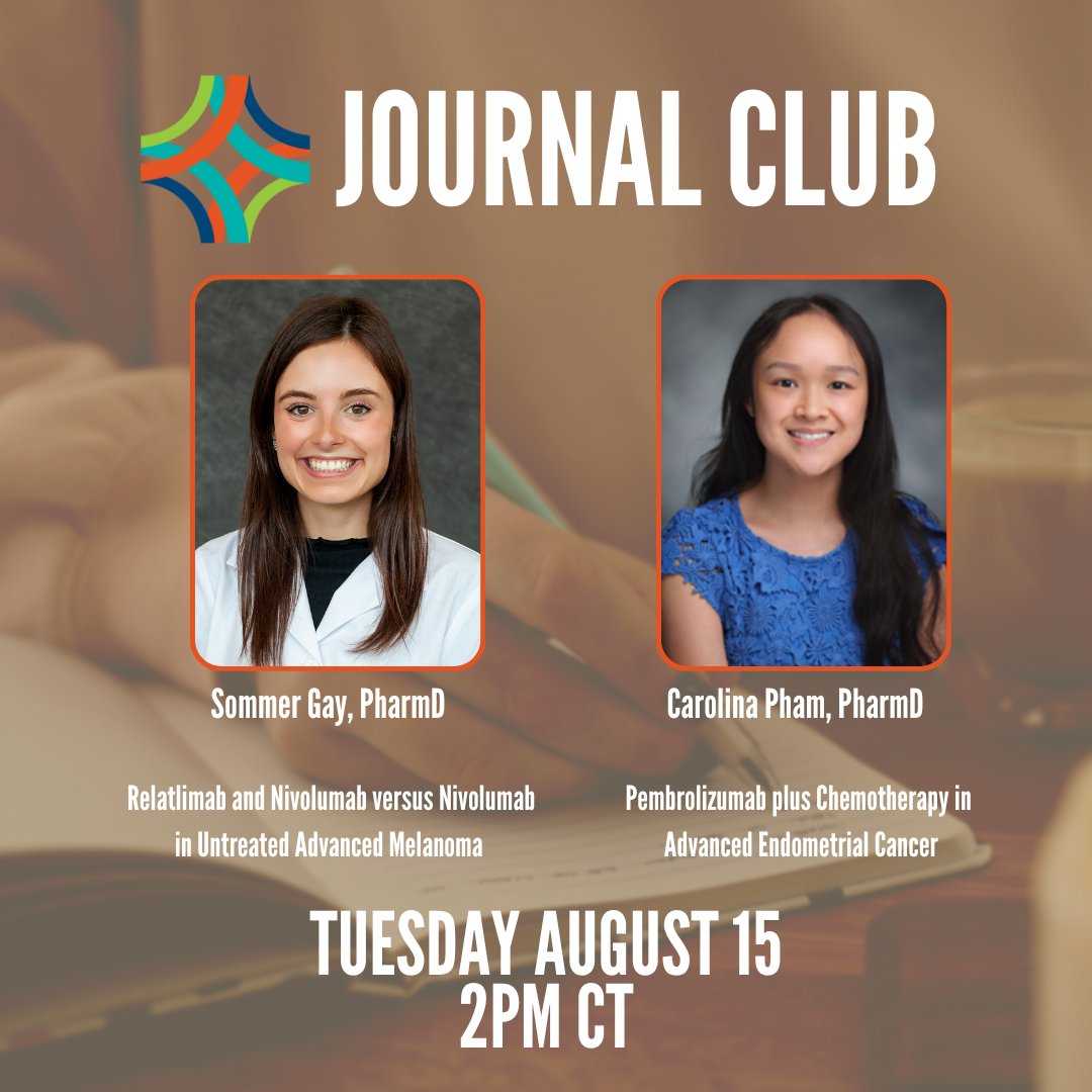 Journal Club is back! New PYC Year, new PGY2 Oncology Residents presenting critical evaluations of hematology/ oncology pharmacy publications. Join <a href="/SommerGay536730/">SommerGay</a> and <a href="/carolina_pharm/">Carolina Pham, PharmD</a> on Tuesday August 15 at 2pm CT. More info at bit.ly/3DhyUNT