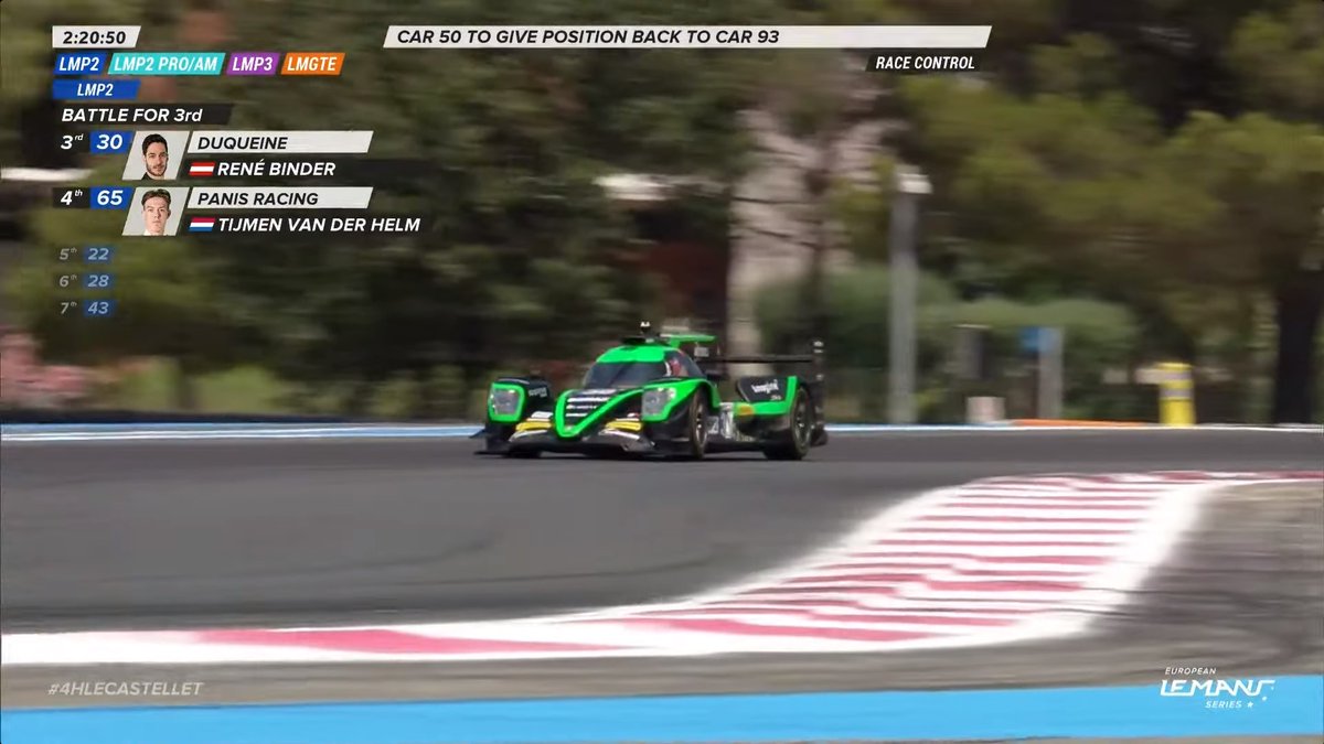 #4HLeCastellet  

Incident w/ Car #50 Johnny LAURSEN #FormulaRacing

PART I

2:00:45 Car 50 takes P5 over Car 93 through abusing track limits

2:04:15 Race Control: Car 50 to give Position back to Car 93

Michael Fassbender #MichaelFassbender
@EuropeanLMS @ProtonRacing