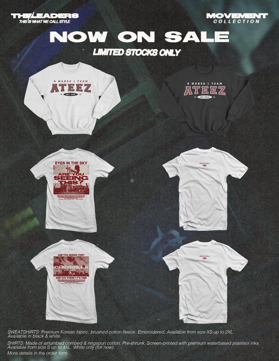 [ 📢 ] BUT WAIT, THERE'S MORE! 

In honor of ATEEZ's first solo concert in Manila, our GUERRILLA-inspired shirts and ATEEZ sweatshirts are now on SALE! 

Cop these at discounted prices for your fire fits on D-day! 😉

Get your merch here: tinyurl.com/MVMTBTWSALE