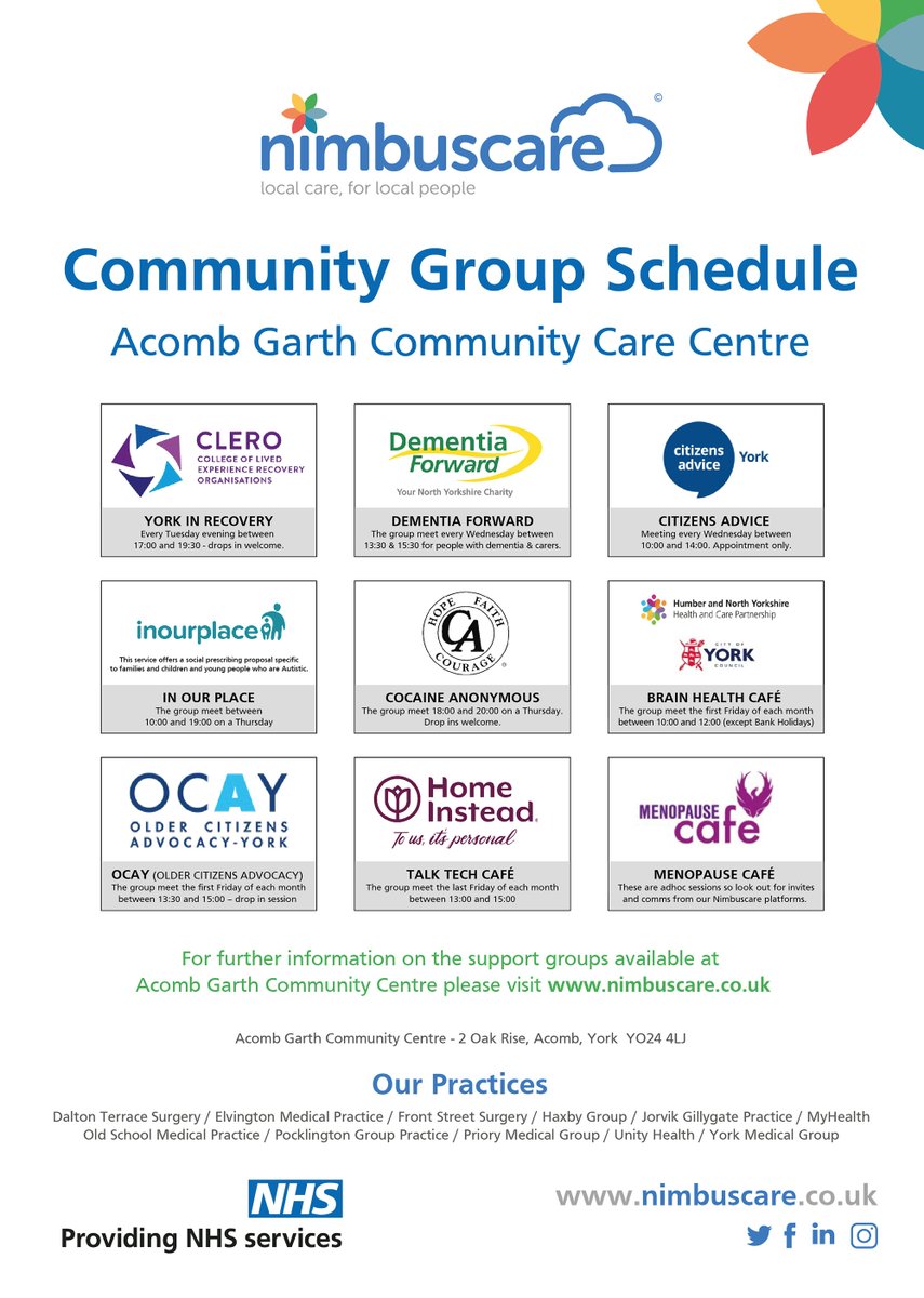 Our community space at Acomb Garth Community Care Centre hosts a number of support groups. Visit our website to find out what's on each day. nimbuscare.co.uk/community-care… We're reinvesting into our local community to help improve your health and wellbeing.