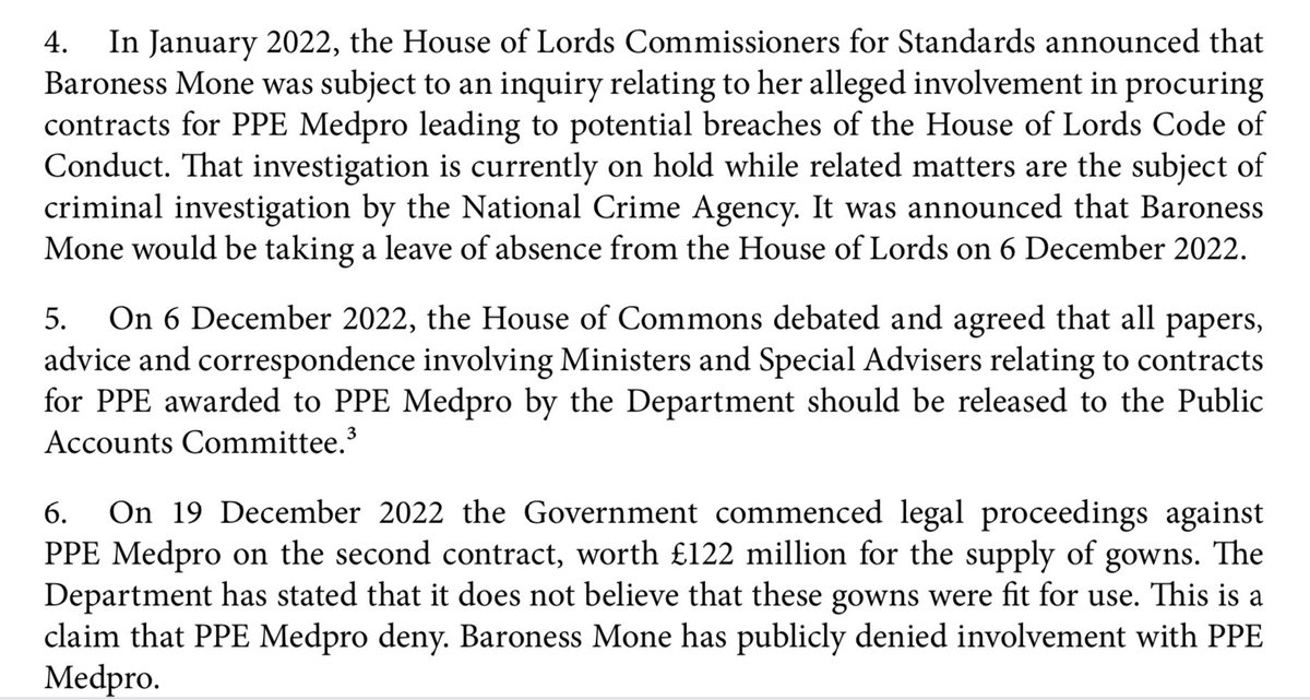 BREAKING 
Public Accounts Comm report today on MICHELE MONE &amp; PPE Medpro.
- National Crime Agency &amp; House Of Lords investigations ongoing 
- DHSC suing Medpro for £120m+ for unusable PPE through VIP Lane
-High Court ruled VIP lane was unlawful 
-Gov PPE contracts £9 billion