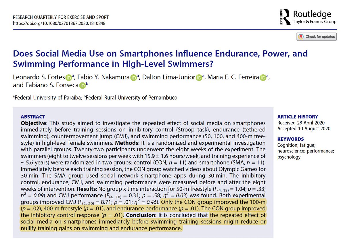 Coaches everywhere will love this.

Using social media on smartphones before training blunted improvements in performance in swimmers, vs a control group who watched videos instead...