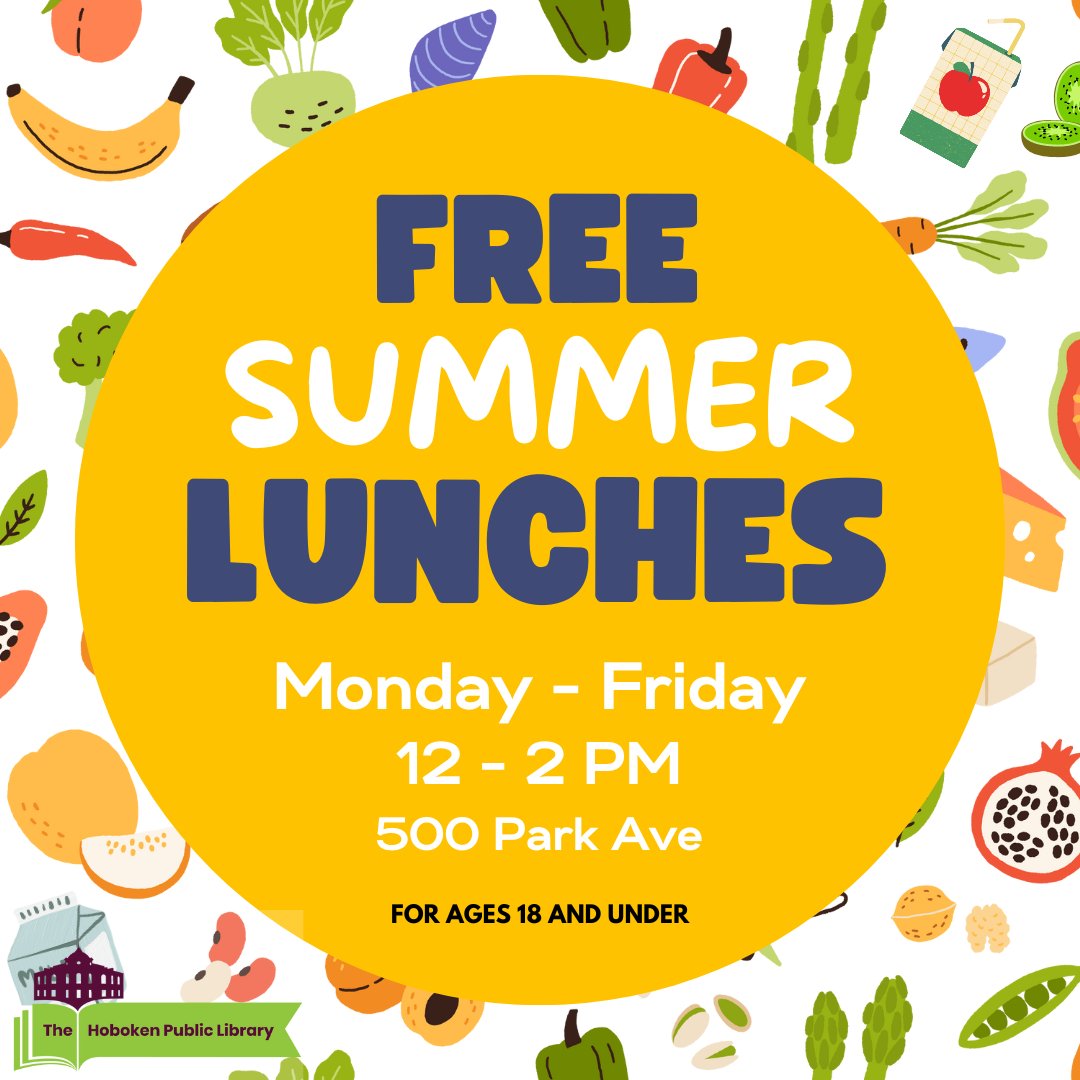 This summer, the Hoboken Public Library is providing free meals to children and teens! Lunch will be served from 12-2pm in the Friends and Foundation Room at 500 Park Ave. This program is open to anyone 18 and under. No cost or enrollment required. Info: bit.ly/FreeLunchesHPL.