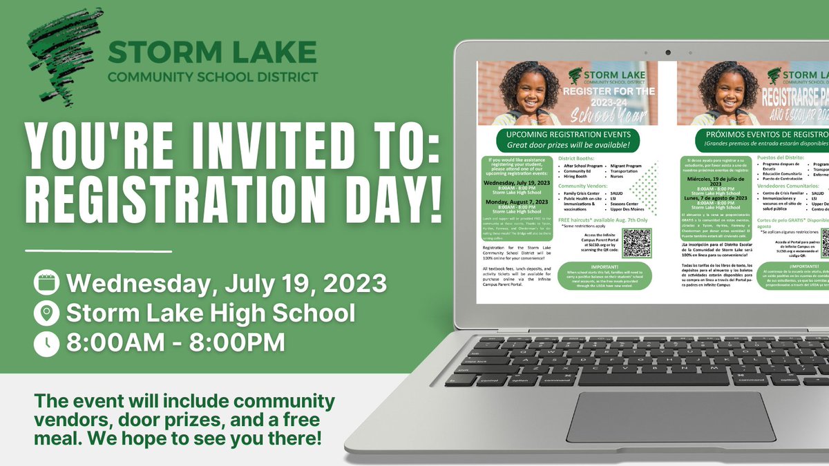 📝 Need help registering your student(s)? Come to Registration Day Wednesday, July 19 at Storm Lake High School, 8am-8pm.

The event will include community vendors, door prizes &amp; a free meal. We hope to see you there! 😊 #AmericasSchool