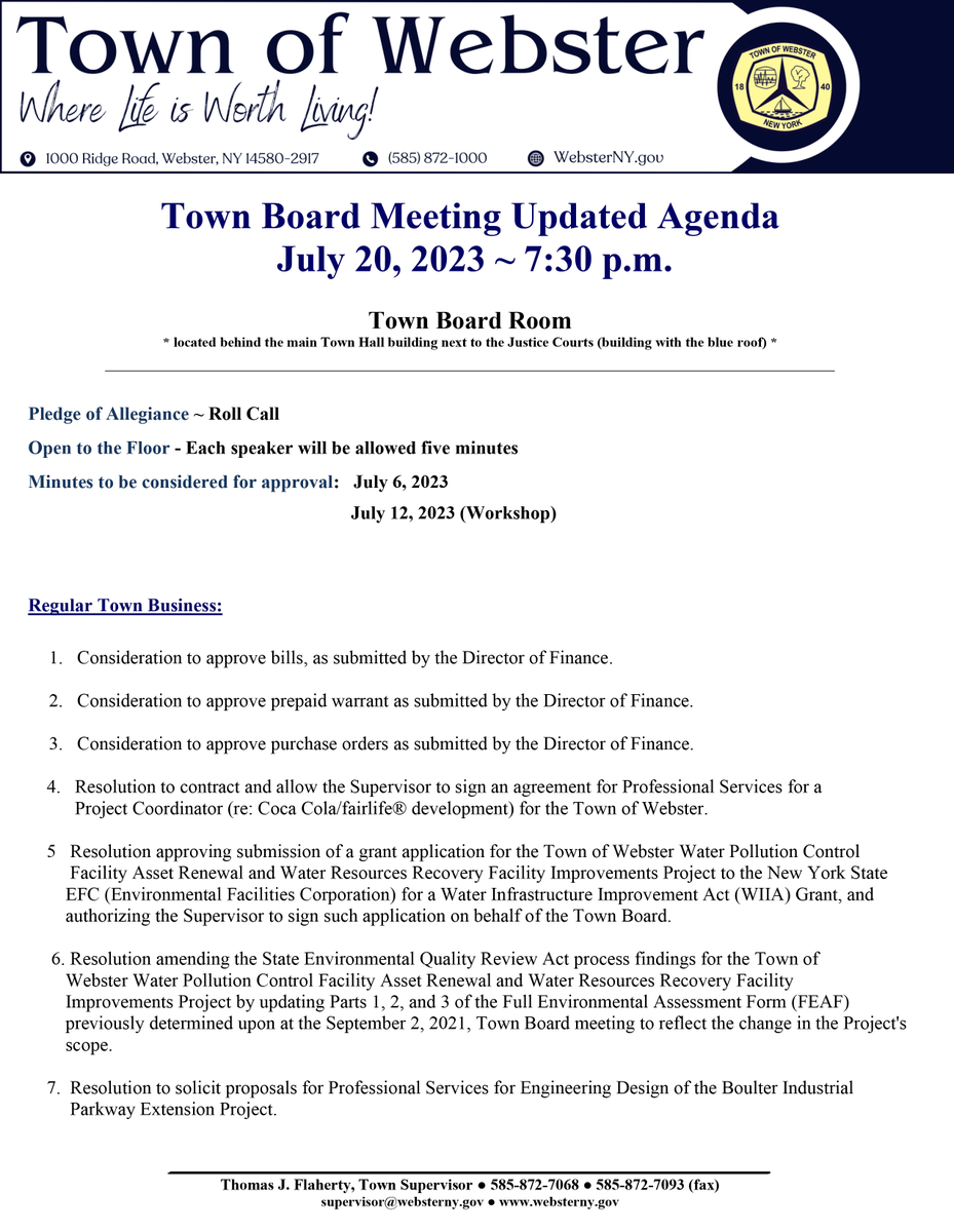 ster, NY on Twitter "ster Town Board Meeting Updated Agenda for July 20, 2023"