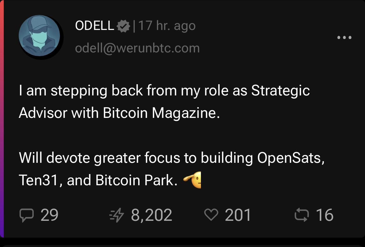 NEW: Matt Odell steps down from his role at Bitcoin Magazine 👀