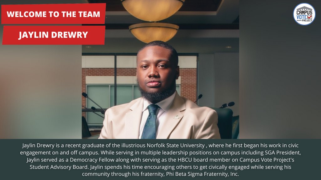 CampusVote's tweet photo. Welcome to the team Jaylin Drewry, CVP's Virginia Deputy State Coordinator!
Learn more about our staff: https://t.co/kA94iRIlmb
#campusvoteproject https://t.co/MrFkwYAuQ1