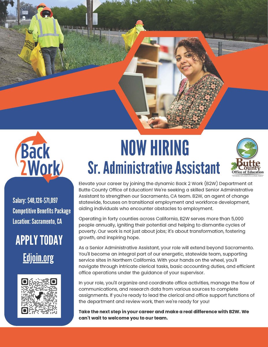 We are hiring a Senior Administrative Assistant to join our team in Sacramento. Join our team to make an impact on underserved individuals in the state. Apply here: bit.ly/3rvmTBH
#BCOEB2W #ButteCOE #ProudToBeBCOE #B2WJobs