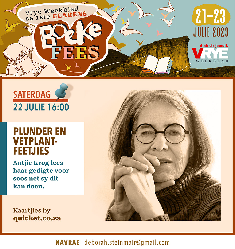 vryeweekblad's tweet photo. Kom skuur skouers met legendes by ons eerste VWB-Clarens-boekefees. Dis dalk nog koud, maar die gesprekke gaan vuurwarm wees (en daar is gerugte van sjerrie!). Kry jou kaartjies hier: https://t.co/DbXO88lVL1

#clarens #clarensboekefees #vryeweekblad #antjiekrog https://t.co/qiNhDk6xMA