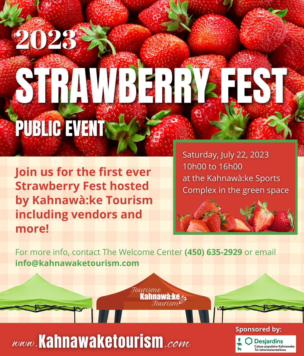 Join us for the first ever Strawberry Fest Public Event!

Saturday, July 22, 2023 
10h00 to 16h00 
At the Kahnawà:ke Sports Complex green space

There will be strawberries, food, vendors and more!