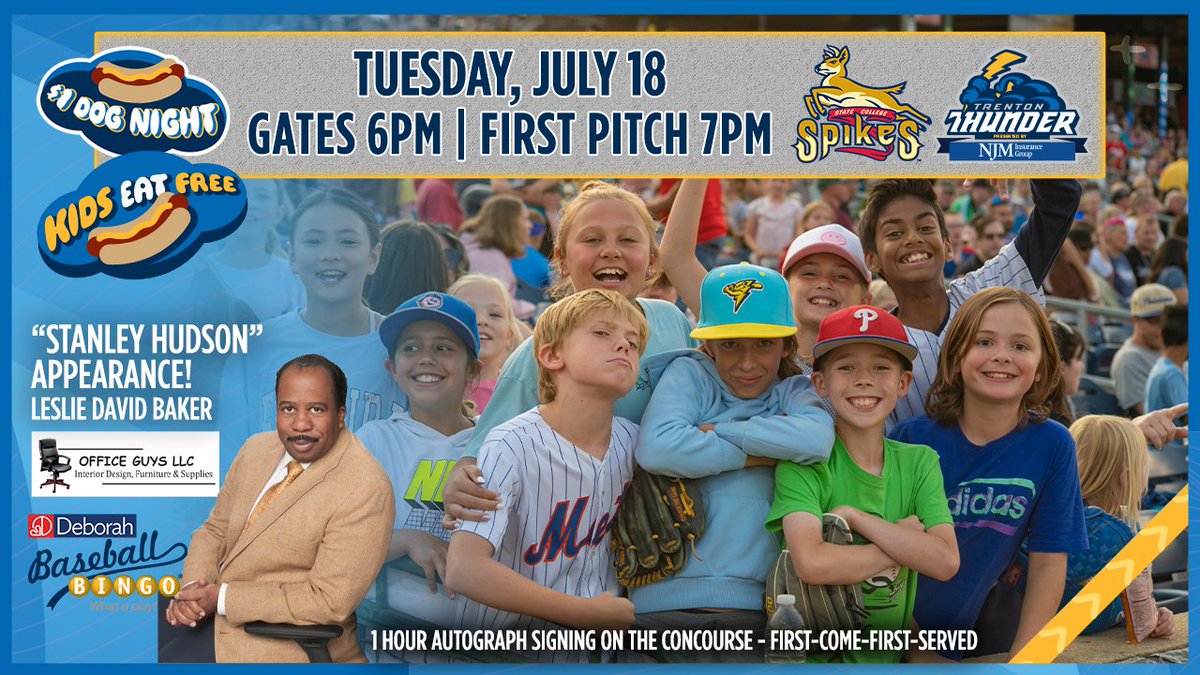 TrentonThunder's tweet photo. GAMEDAY!⚾️

It's #OfficeNight with an appearance by "Stanley Hudson" presented by Office Guys! We've also go $1 Hot Dogs &amp; Kids Eat Free. Play Deborah Baseball Bingo!

🎟️ https://t.co/XafXzA0Xgx
📻 https://t.co/uc8GCLQ8YQ
📺 https://t.co/BPjWgQdxHr
📸 https://t.co/a5SPFRCsdI https://t.co/dWEjkiktZ8