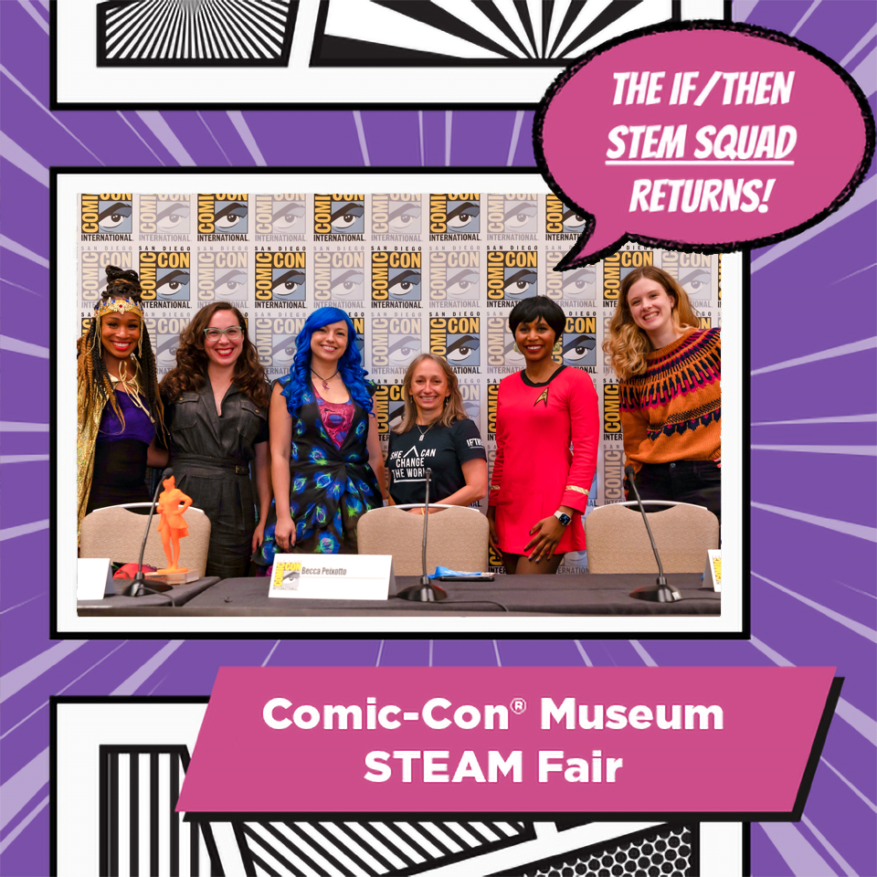 I'm so excited to present at @Comic_Con! Join my panel to learn about the science of superpowers or visit me at the IF/THEN #STEAM Fair, where you’ll have a chance to play #Microscopya 🎮, look through a microscope 🔬, and craft science jewelry🧬! #SDCC #SDCC23 #IFTHENComicCon