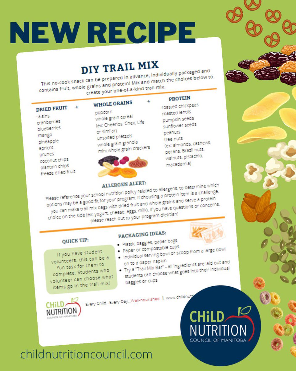 🚨 new DIY trail mix is a great snack or grab-and-go idea. Mix and match the choices below to create your one-of-a-kind trail mix. Tip: This can be a fun task student volunteers, they can choose what items go in the trail mix! Visit childnutritioncouncil.com/recipe for more!