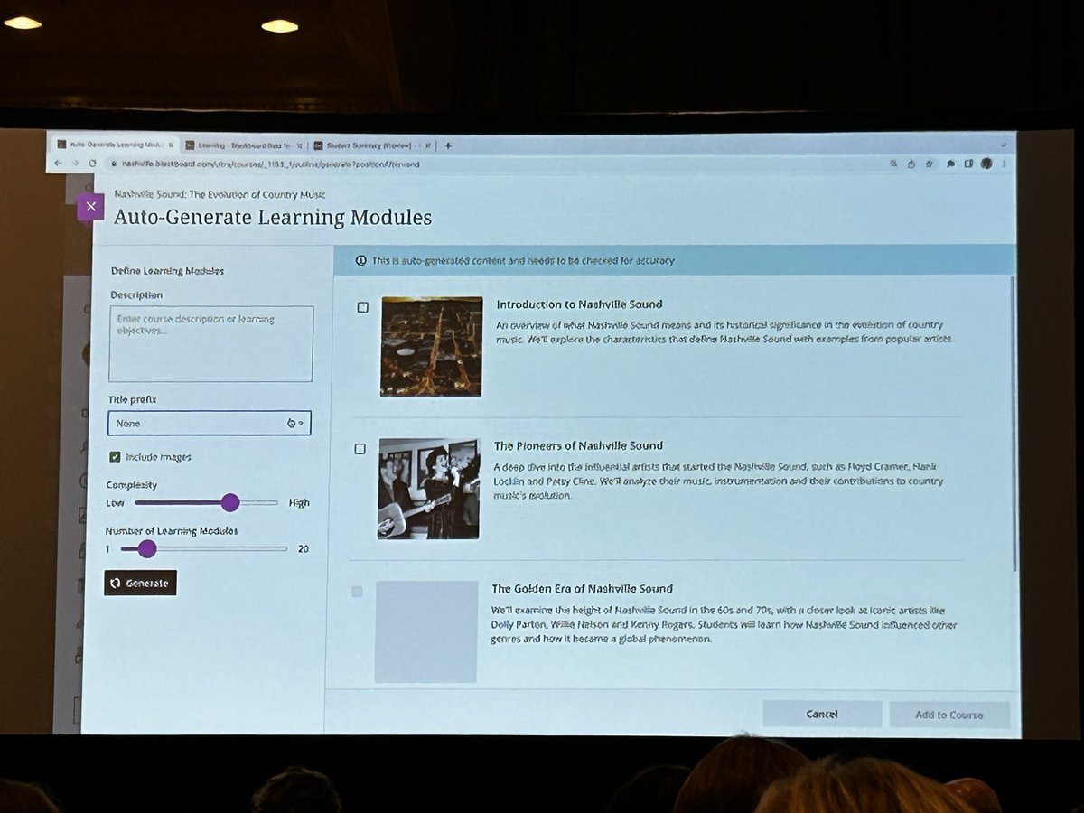 1 - AI design assistant can generate modules for a course, including titles, descriptions, and images. Instructor can modify the complexity of the course, must explicitly select modules to add them to the course #AT23