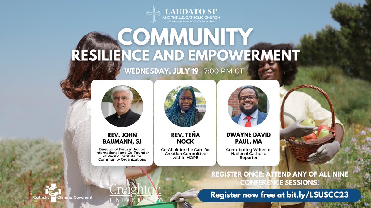 CatholicClimate's tweet photo. Just what you've been waiting for! The next session in our #LSUS2023 conference series is TOMORROW, 7/19 at 7 pm CT. You'll hear from experts in living #LaudatoSi in community ⛪️🤝🌱

Register if you haven't already at https://t.co/ypgHLgu1s8. We can't wait to see you there! 👋 https://t.co/zpFvdihVLX