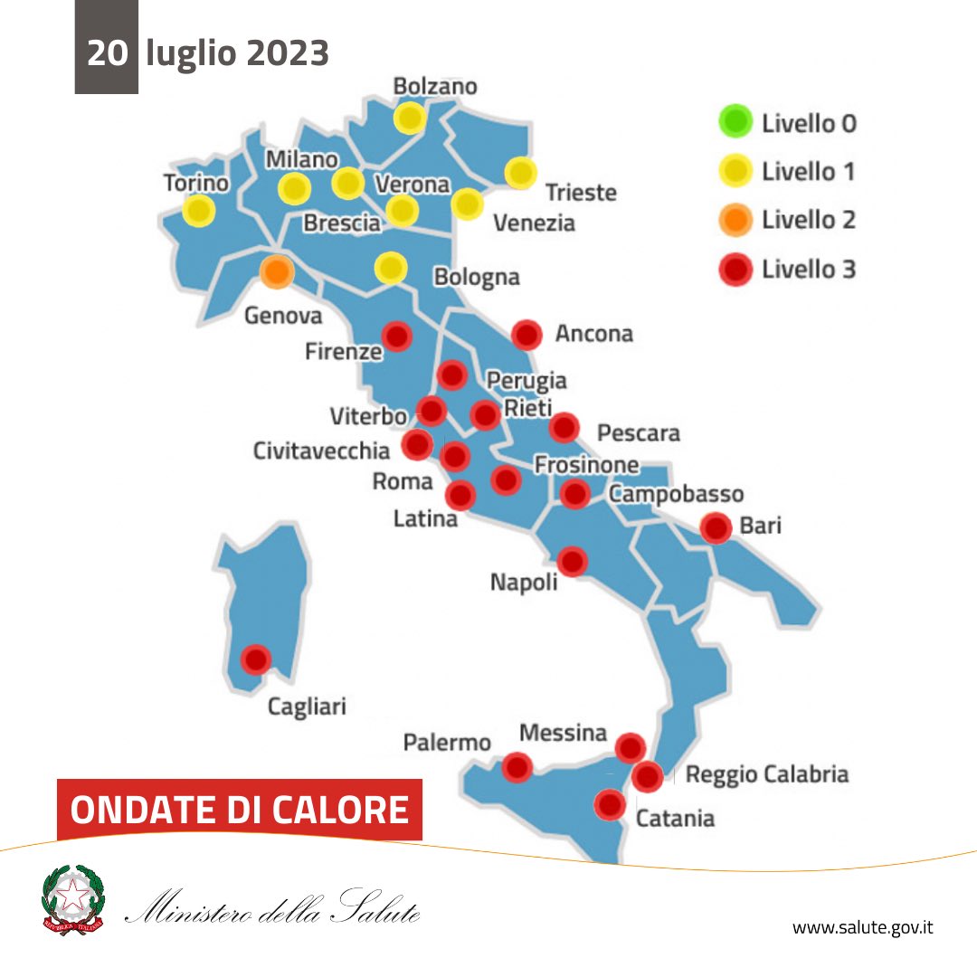 Ministero della Salute (@ministerosalute) on Twitter photo 🔴#OndatediCalore: Livello massimo di allerta in gran parte della penisola il #19luglio e #20luglio. #ProteggiamocidalCaldo
Bollettini e consigli utili➡️ salute.gov.it/caldo 🔴#OndatediCalore: Livello massimo di allerta in gran parte della penisola il #19luglio e #20luglio. #ProteggiamocidalCaldo
Bollettini e consigli utili➡️ salute.gov.it/caldo