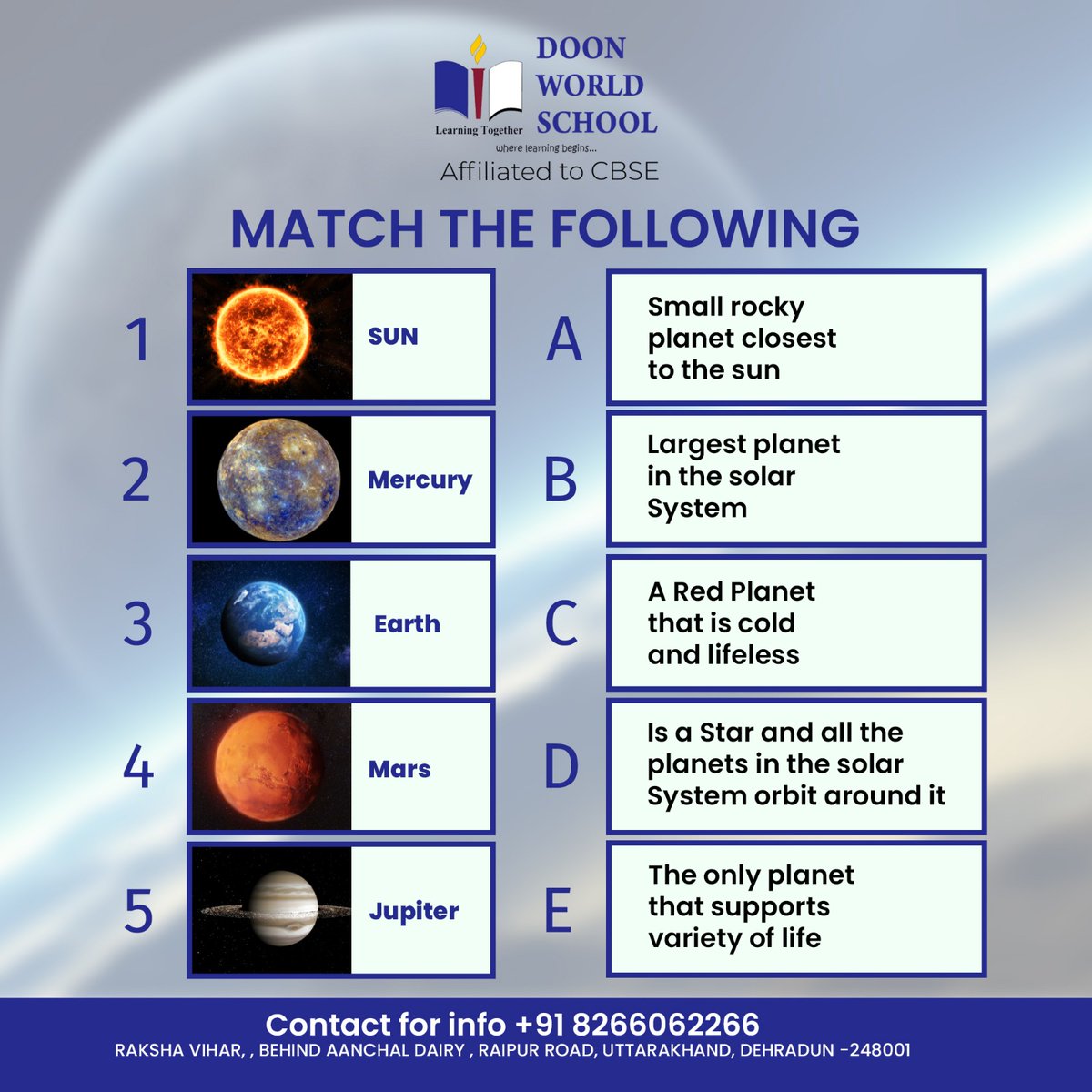 doonworldschool's tweet photo. Test your space knowledge🚀comment the answer code below 🔭
 #doonworldschool #school #cbseboard #quiz #comment  #answer   #matchthefollowing  #knowledge  #science    #universe https://t.co/iHkPqWHeCp