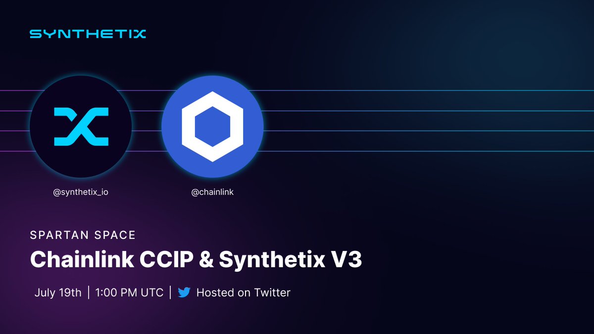 Curious about Synthetix V3 & Chainlink CCIP? Don't miss tomorrow's live Spartan Space with @chainlink and the @snxambassadors at 1pm UTC. We'll dive into Cross-Chain Synthetix, Synth Teleporters, CCIP benefits for V3, and more. Save your spot 👉 twitter.com/i/spaces/1DXxy…