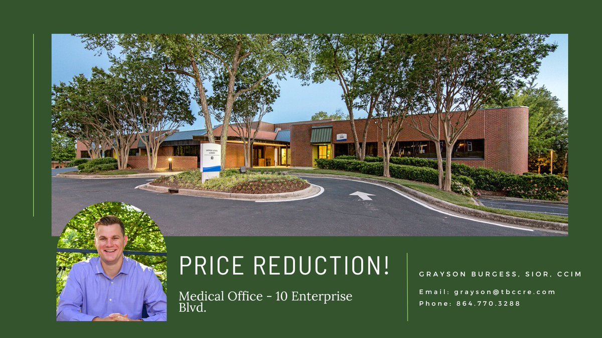 Our medical office space at 10 Enterprise Blvd. Greenville, SC, just had a lease price reduction! Contact Grayson now for more information.

 #availablespace #officelease #leasingopportunity #reducedprice #officeforrent #commercialrealestate #leasing #medicaloffice #officeforsale