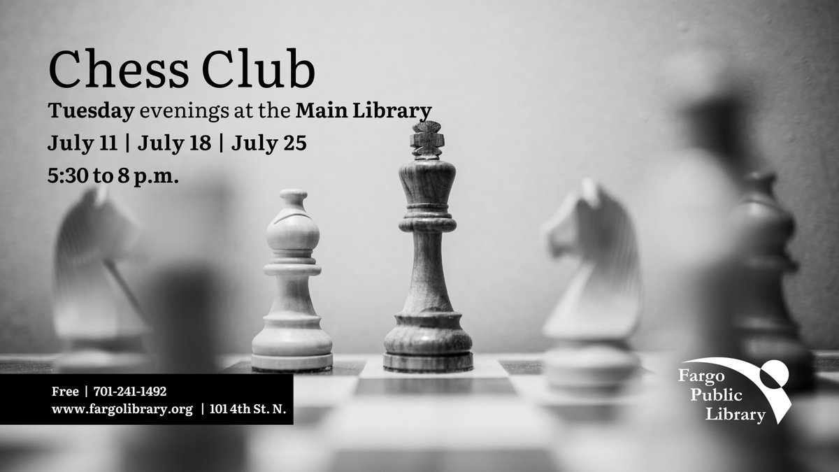 fargolibrary's tweet image. Chess Club is TONIGHT! All chess players (novice to expert) are welcome! Tonight - Tuesday(7/18) @ 5:30PM at the downtown Main@fargolibrary. Details at fargolibrary.org/adults #AllTogetherNow #SummerReadingChallenge #FargoPublicLibrary