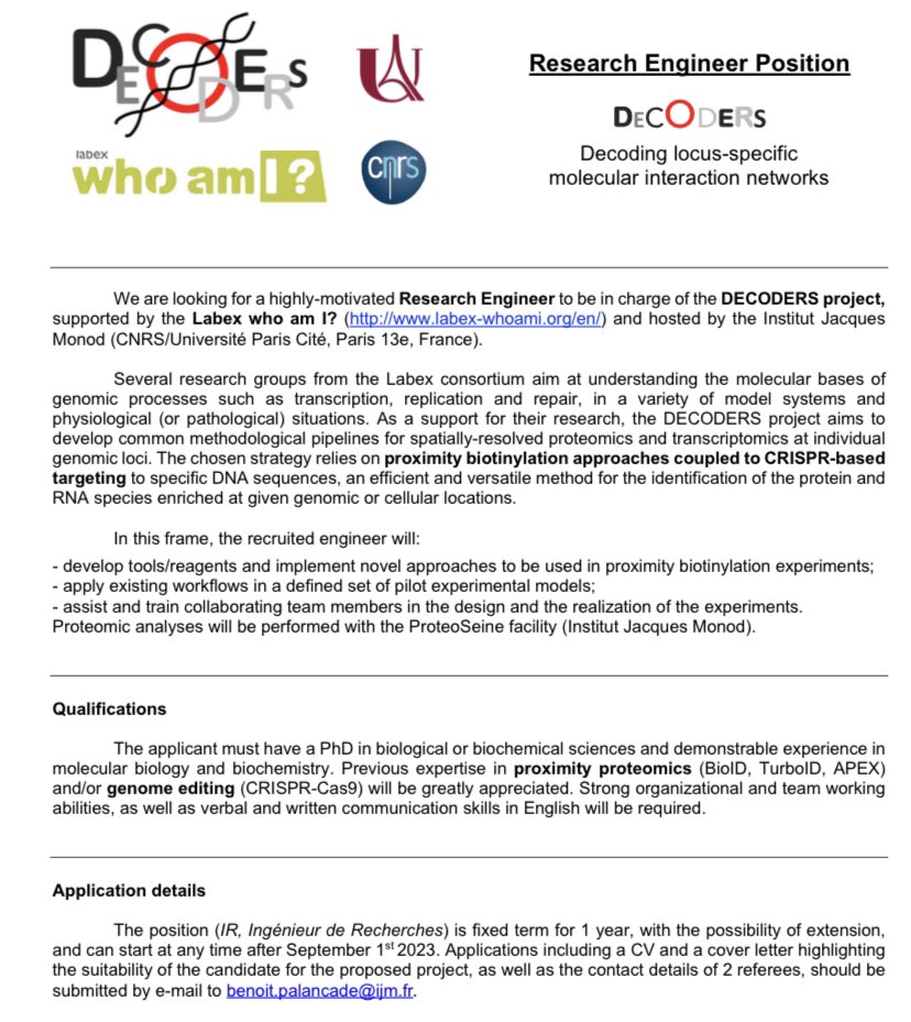 If you are a skilled biochemist and molecular biologist, we have a great position that puts you at the center of a multidisciplinary effort supported by <a href="/labexWhoamI/">Labex Who Am I?</a> and hosted at <a href="/IJMonod/">Institut Jacques Monod</a> right in Paris! See description for more details and contact info