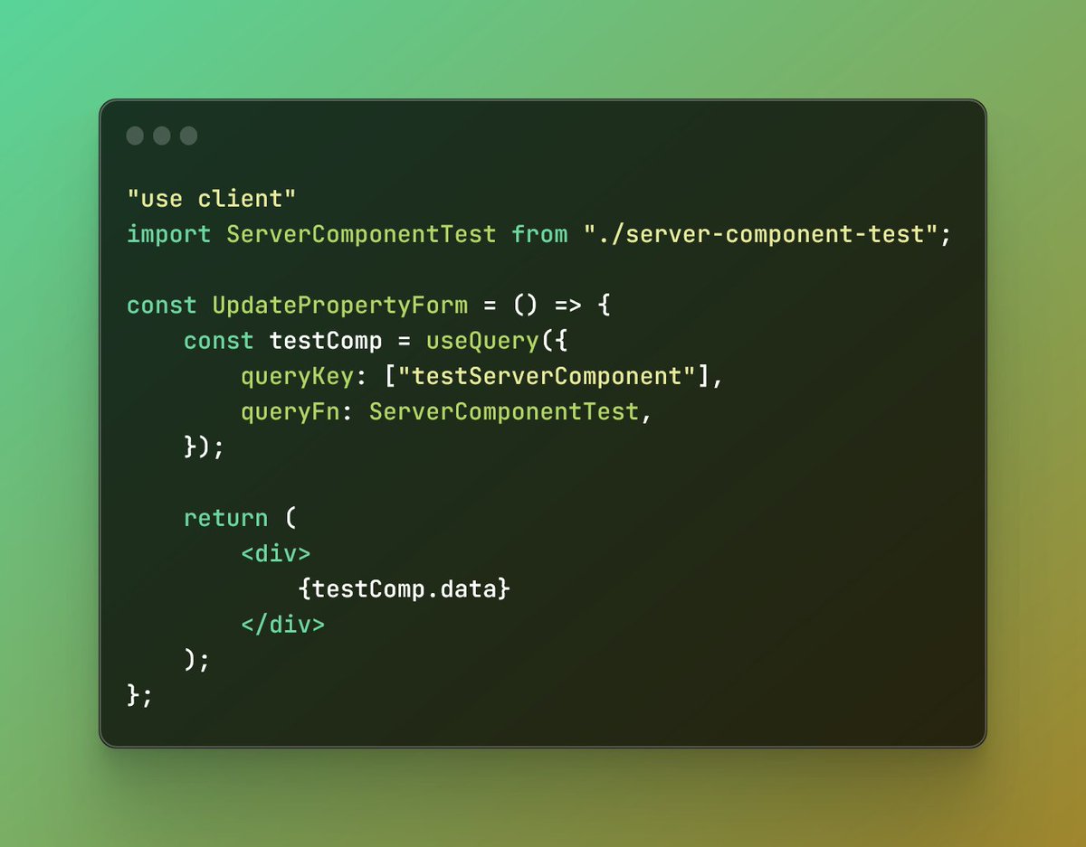 Riyaadh_Abr's tweet image. I discovered a cool thing about React Server components.
Why does this work? 🤯
🔸Create NextJS 13 async component. 
🔸Add "use server" to the top of the file
🔸Import into client component
🔸Resolve it using react-query by @TkDodo 
🔸Render it in client component
I know we…