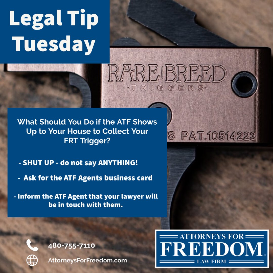 FreedomAttorney's tweet photo. What should you do if an ATF Agent comes knocking on your door?
SHUT UP – do not say anything!

📱 if you are having issues with your #frttrigger 480-755-7110

#gunlaw #2a #freedom #rarebreed #atf #gunlawyer https://t.co/SDdZowdiOC