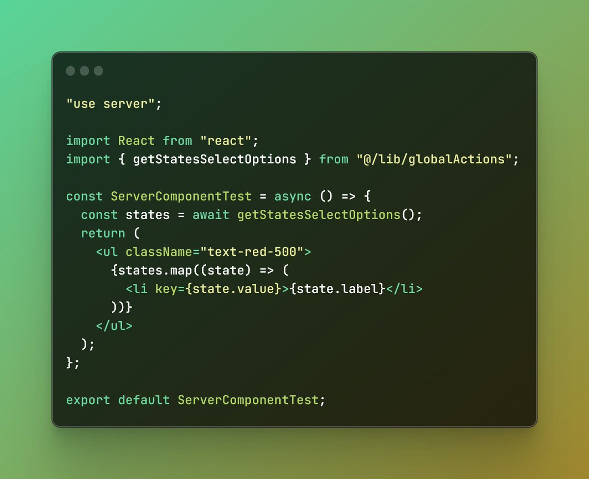 Riyaadh_Abr's tweet image. I discovered a cool thing about React Server components.
Why does this work? 🤯
🔸Create NextJS 13 async component. 
🔸Add "use server" to the top of the file
🔸Import into client component
🔸Resolve it using react-query by @TkDodo 
🔸Render it in client component
I know we…