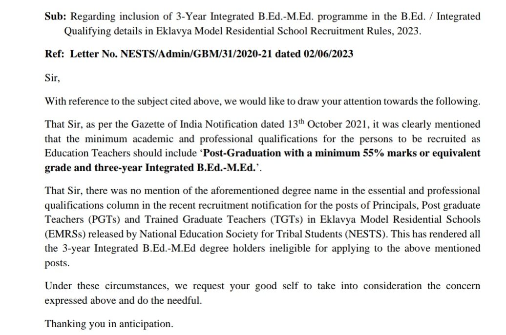 mpjyotiprakash's tweet photo. Respected sir  @MundaArjun @Bishweswar_Tudu @nests_emrs
@EduMinOfIndia please add 3 year Integrated B.Ed.-M.Ed. degree in EMRS recruitment rules 2023 &amp; also in Qualifications stage of online application. https://t.co/vgaie50VLF