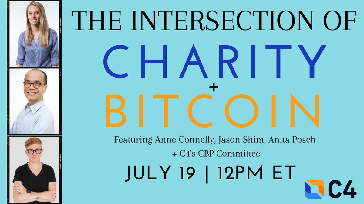 Tomorrow! Join our CBP committee, including @AnitaPosch, the founder of Bitcoin for Fairness, as well as special guests @Anne_Connelly and @JasonShim, authors of ‘Bitcoin and the Future of Fundraising’ as they discuss the intersection of Charity & Bitcoin! bit.ly/btccharity