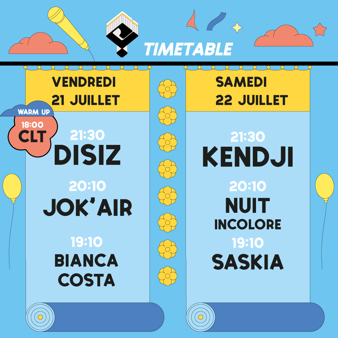 🚀 TIMETABLE 2023 🚀
C'est quelle heure Jok'Air ? Il passe quand Kendji ? 
👀 Check le passage de tes artistes préférés de cette 18e édition ! 

#concair2023 #festival #saintlouis