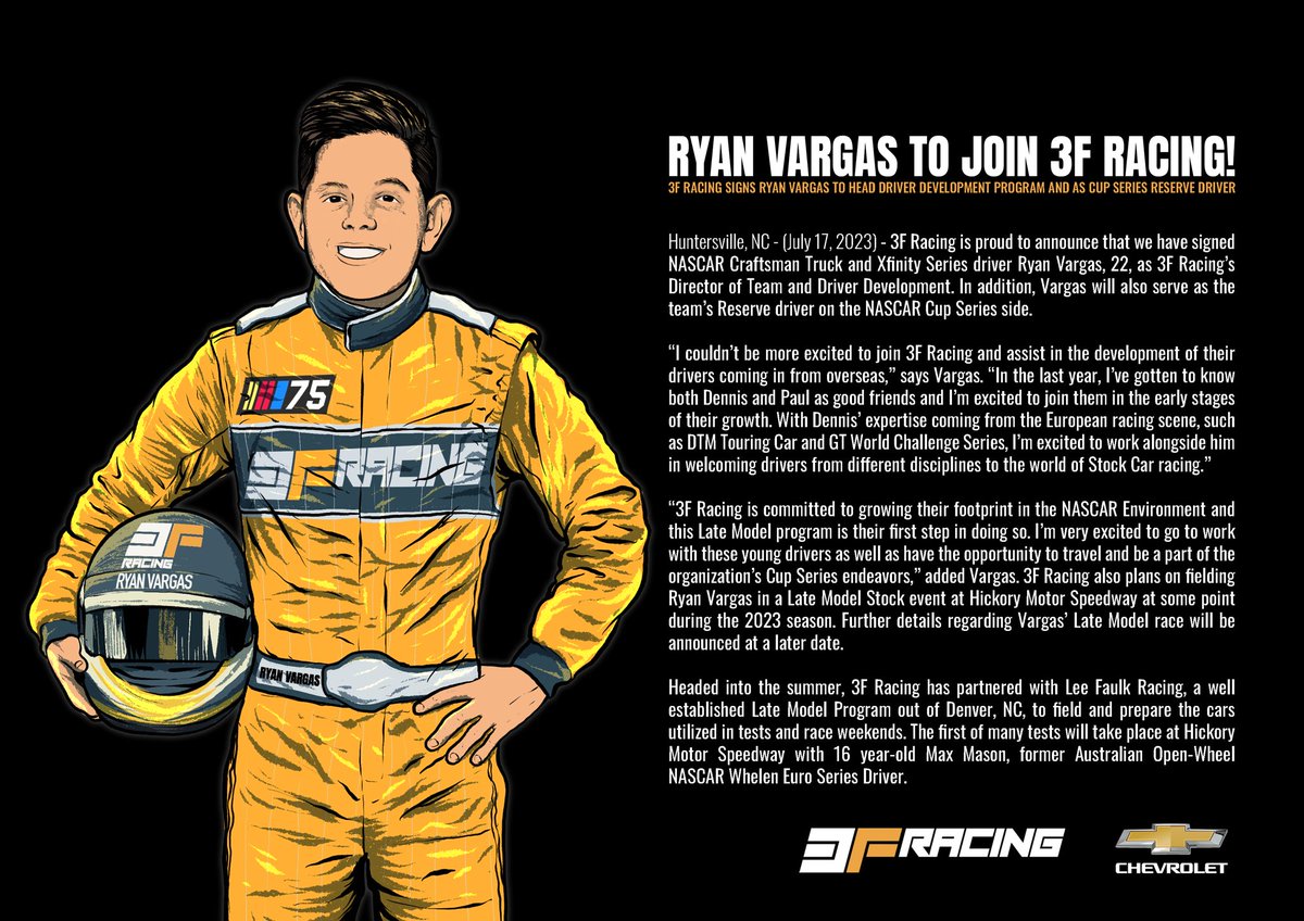 3F_Racing (@3fracing) on Twitter photo โผ๏ธ OFFICIAL ANNOUNCEMENT โผ๏ธ
Welcome to the Team, Ryan Vargas - our latest addition to the 3F Racing Family
#NASCAR | <a href="/TeamChevy/">Chevrolet Motorsports</a> โผ๏ธ OFFICIAL ANNOUNCEMENT โผ๏ธ
Welcome to the Team, Ryan Vargas - our latest addition to the 3F Racing Family
#NASCAR | <a href="/TeamChevy/">Chevrolet Motorsports</a>
