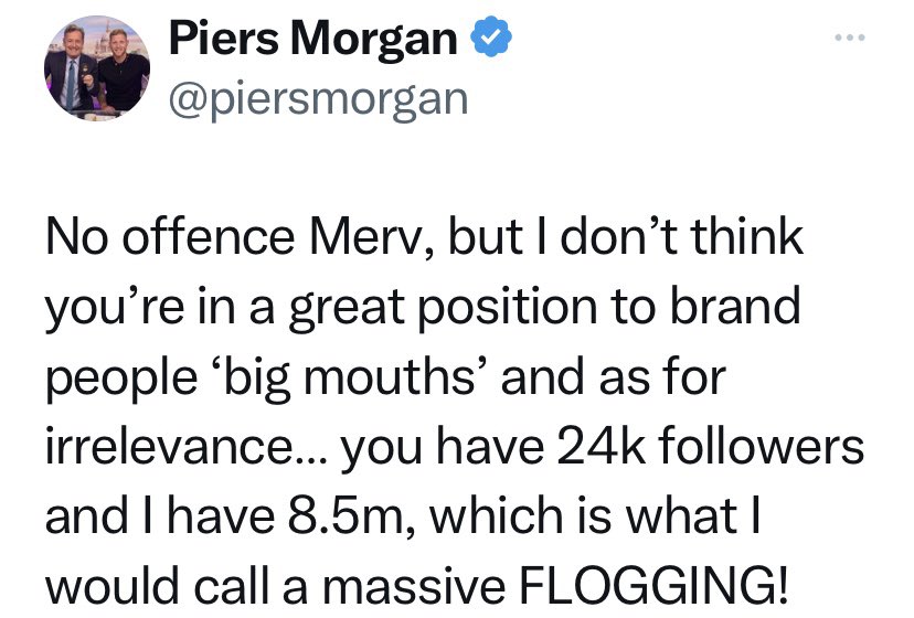 MervHughes332's tweet photo. Interesting you say I’ve “only” got 24k followers and that makes me irrelevant- lm sure you’re loyal followers will love to hear this…. So any one that follows you that doesn’t have 24k followers is irrelevant!🤔🤔🤔🤔is this really what you’re saying??
Flog! https://t.co/95oyfZribU