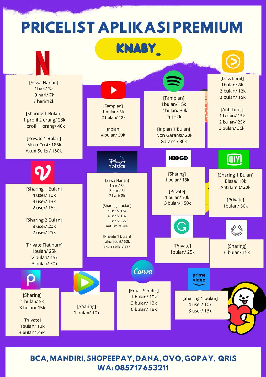 knaby_'s tweet photo. Hallo! Lagi nyari aplikasi premium? Yuk beli di @knaby_. Testi on pinned🤗 

📩 https://t.co/zpAanRokRl

t. ada yang jual netflix spotify youtube disney hbo go viu vidio wetv canva
#zonauang #zonaba #zonajajan https://t.co/wTPkyvkzxH