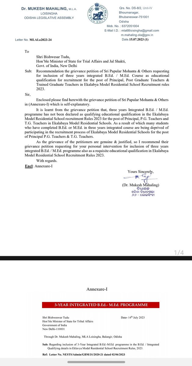 Im_4Sachi's tweet photo. Respected sir  @MundaArjun @Bishweswar_Tudu @nests_emrs please add 3 year Integrated B.Ed.-M.Ed. degree in EMRS recruitment rules 2023.

Thank you @MahalingMukesh sir for your efforts. I hope they will resolve this problem 🙏 https://t.co/oYqmvxsorg