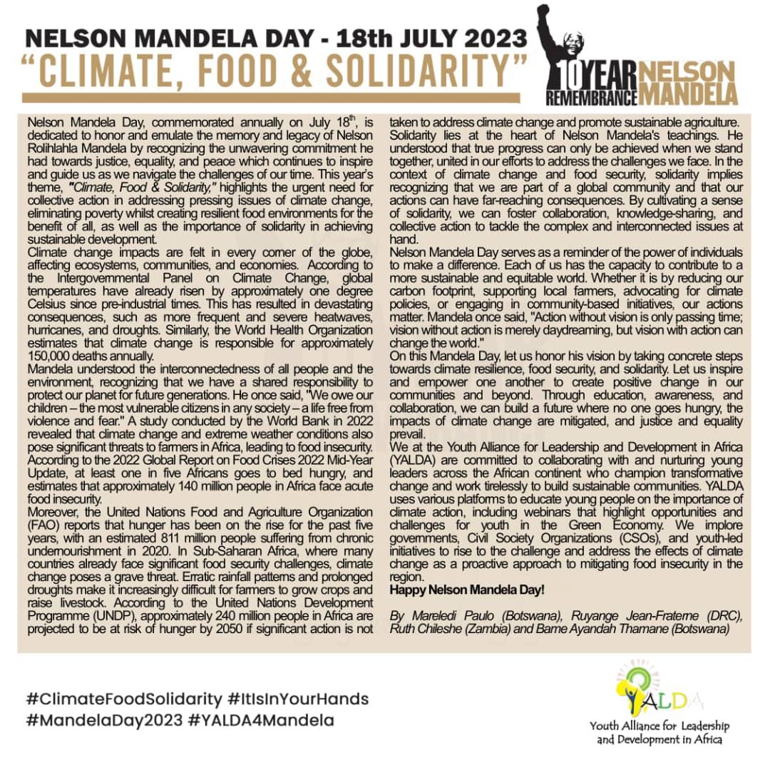Write up

As we celebrate 10 years remembrance of #NelsonMandela, we remind ourselves of his legacy, his steadfast commitment  towards #Justice, #Equality, and #Peace which inspires #Africa. 

#𝐇𝐚𝐩𝐩𝐲𝐍𝐞𝐥𝐬𝐨𝐧𝐌𝐚𝐧𝐝𝐞𝐥𝐚𝐃𝐚𝐲 !🤩🤩