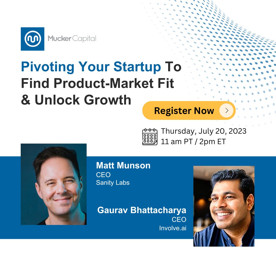 mucker's tweet photo. Grasp the when + how of a strategic #pivot for increasing startup growth Thursday, July 20 with @mattmuns and @gauravbhattac16 in the Mucker #GrowthSeries.  

Register: https://t.co/gLw59IQqAO

#BlueCollarVC #entrepreneur #startups #founders #productmarketfit #pivoting https://t.co/2vDFVXO6Uk