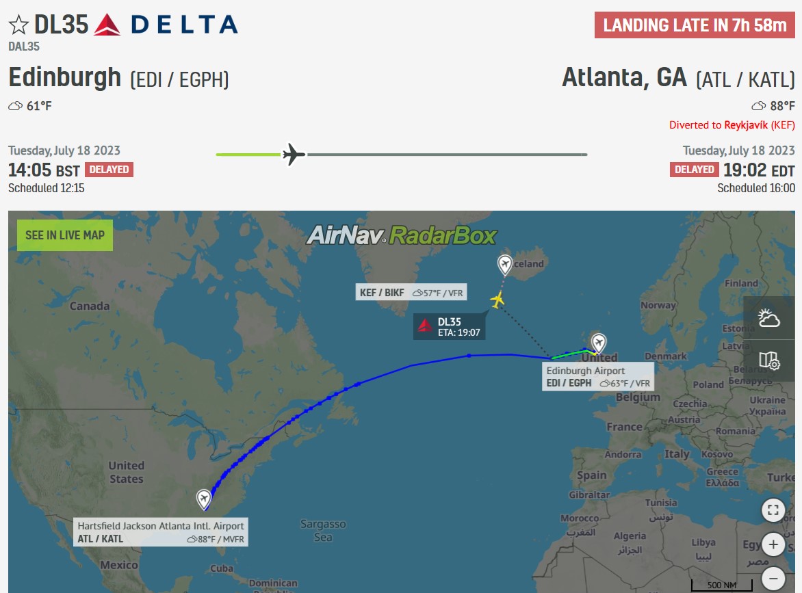 AvSourceNews's tweet photo. #EMERGENCY | Delta Air Lines flight DL35, a Boeing 767-300ER operating from Edinburgh to Atlanta, GA has declared an emergency and is presently on a diversion to Reykjavik (KEF).
@RadarBoxCom
Read more at AviationSource!
https://t.co/wM2PkHxUU0
#DeltaAirLines #DL35 #Edinburgh #Atlanta #AvGeek