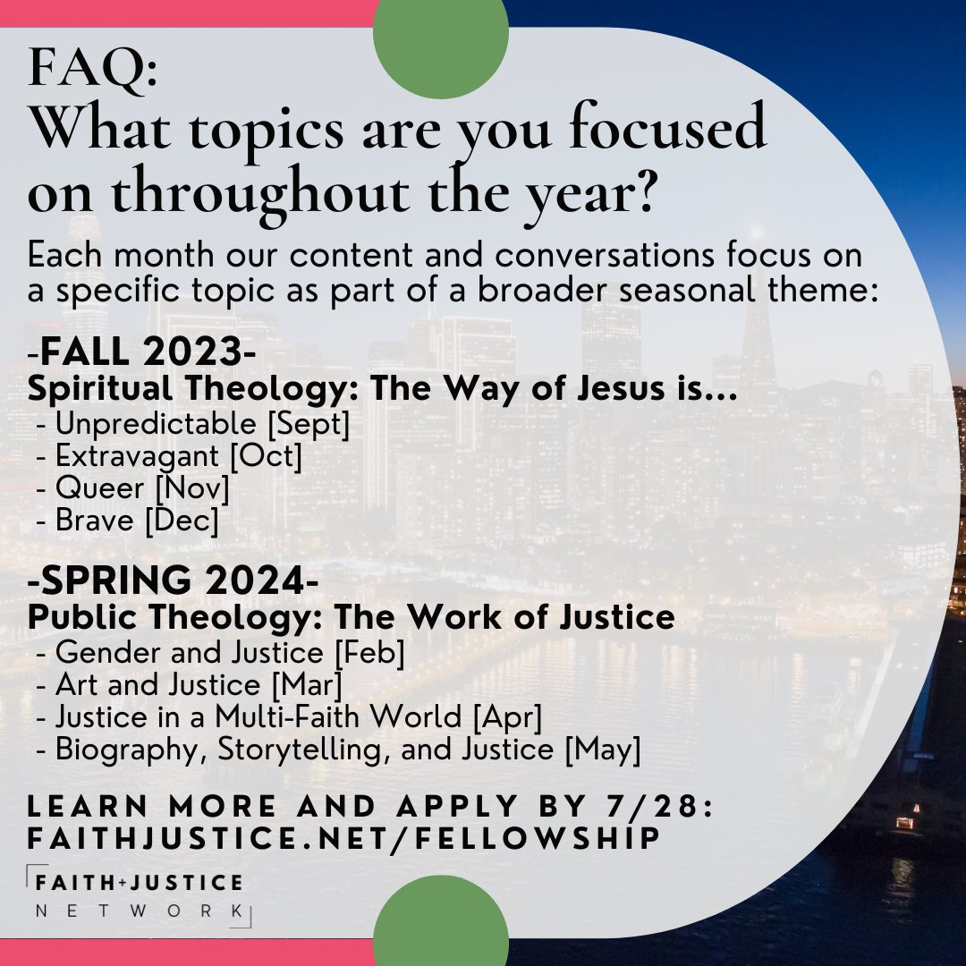 FaithJusticeNet's tweet image. We are just 1 WEEK away from the app deadline! Today we answer a common question about what kinds of monthly topics we focus on (Spiritual Theology in the Fall, Public Theology in the Spring). Learn more about the 9-month Fellowship + apply by July 28: faithjustice.net/fellowship