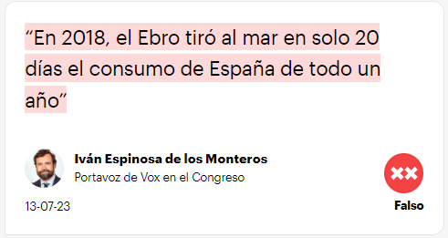 Newtral's tweet photo. #FACTCHECK | El Ebro no tiró al mar en solo 20 días el consumo de España de todo un año como dice Espinosa de los Monteros

https://t.co/jkWswiTbtL https://t.co/JlqY5WJ7L2